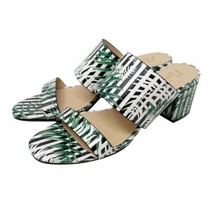Nanette Lapore Remi Open Toe Block Heel Green Palm  Leaf‎ Stripes Sandal 8